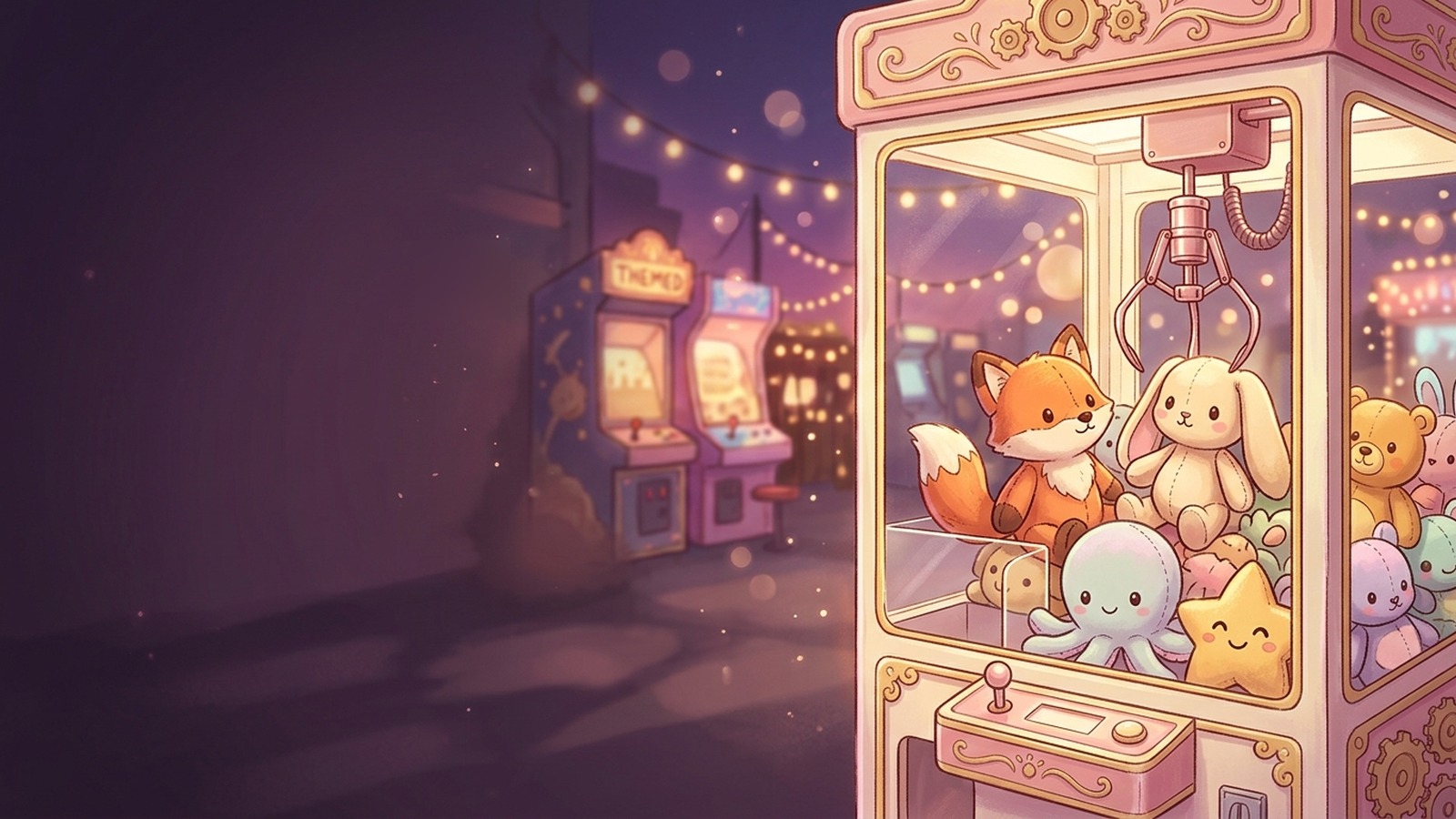 A pink claw machine overflowing with illustrated plush animals
